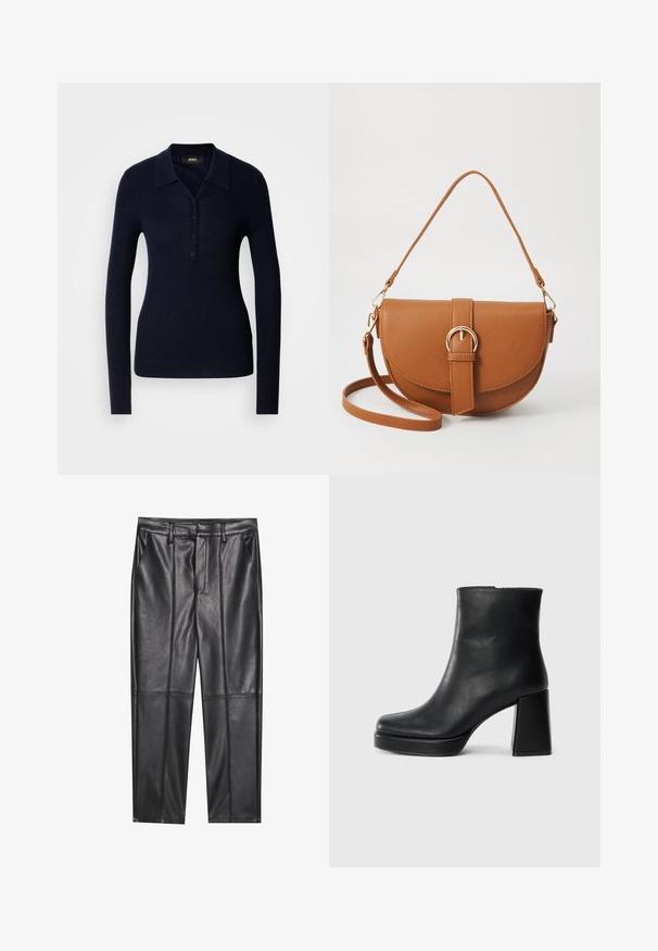 Marineblå langermet polo skjorte laget av teksturert ribbet stoff, med krage, knappestolpe og tettsittende silhuett.; Sorte lærbukser med en glat tekstur, der har en lige pasform, to forlommer og synlige sømdetaljer.; Sorte skinnankelsko med blokkhæl og plattformsåle, sett fra siden på en enkel hvit bakgrunn.; Brun lærcrossbody-veske med en buet form, gullhardware og et spenneakcent. Har en avtakbar skulderreim.