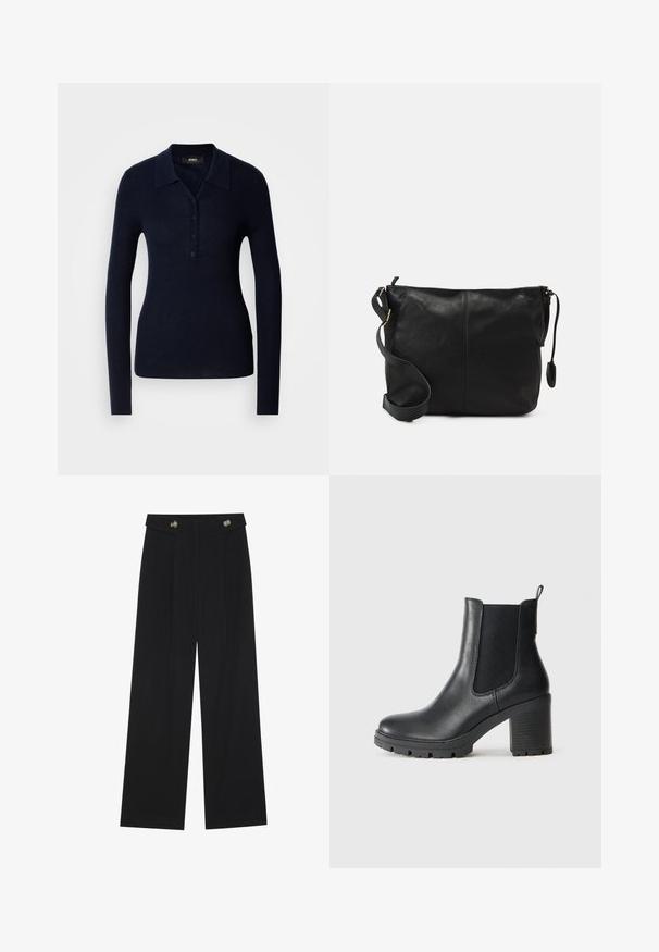 Granatowa longsleeve polo wykonana z teksturowanej ribbowanej tkaniny, z kołnierzykiem, plastronem na guziki i fasonem dopasowanym.; Czarne szerokie spodnie z wysokim stanem, z detalami w postaci guzików na pasku oraz plisami z przodu.; Czarne skórzane botki za kostkę z elastycznymi panelami bocznymi, masywną gumową podeszwą i wysokim słupkowym obcasem. Posiadają pętelkę z tyłu.; Czarna skórzana torba na ramię o płaskim kształcie, z złotymi akcentami i regulowanym paskiem. Gładka tekstura z minimalnymi detalami przeszycia.