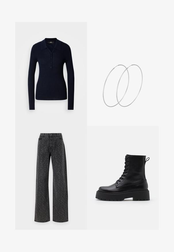 Polo a maniche lunghe di colore navy realizzato in tessuto a coste testurizzato, dotato di colletto, apertura con bottoni e silhouette aderente.; Noisy May NMJANNEL LOOSE - Jeans baggy - black denim; Stivaletti in pelle nera alla caviglia con punta rotonda, lace-up frontale e suola in gomma spessa con battistrada textured. Tassello sul retro.; Orecchini a cerchio in argento con un design minimalista. Forma circolare, superficie liscia e profilo sottile. Leggeri con una finitura lucida.
