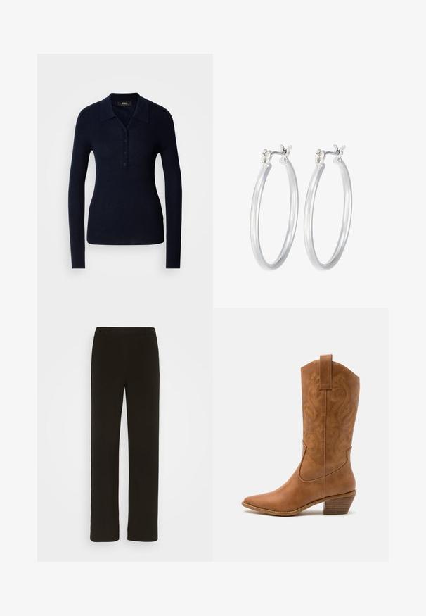 Marineblaues Langarm-Polohemd aus strukturiertem Rippmaterial mit Kragen, Knopfleiste und taillierter Silhouette.; Schwarze, gerade geschnittene Hose aus gewebtem Stoff mit flachem Bund, zwei seitlichen Taschen und einer glatten Textur. Keine sichtbaren Muster oder Akzente.; Braune Leder-Cowboy-Stiefel mit spitzem Zehenbereich, bestickten Wirbelmustern am Schaft und einem gestapelten Blockabsatz. Verfügt über einen Ziehriemen für das einfache Anziehen.; Silberne Creolen mit einer glatten, polierten Oberfläche. Runder Form und sicherem Klickverschluss. Leichtes Design, geeignet für den täglichen Gebrauch.