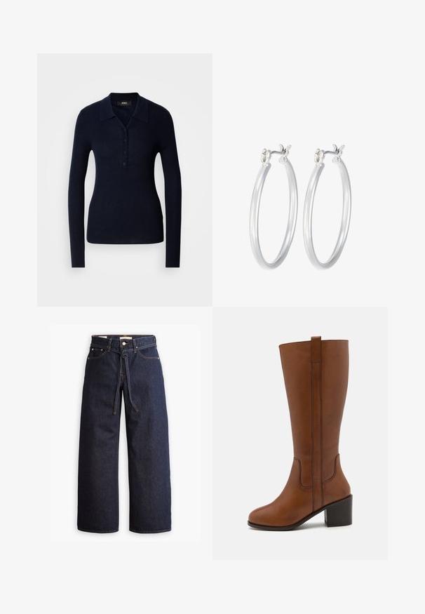 Laivastonsininen pitkähihaisen polo-paita, joka on valmistettu teksturoidusta ribbineuloksesta. Sen ominaisuuksiin kuuluvat kaulus, napitettu etuosa ja vartalonmyötäinen siluetti.; Korkeavyötäröiset tummansiniset leveälahkeiset farkut, joissa on narunauhakuja, viisi taskua ja kontrastiväriset ompeluseikat.; Kahva nahkainen polven ylle ulottuva saapas, jossa on pyöristetty kärki, sivusaumat ja lohkare korko. Varustettu takana olevan vetoketjun avulla, mikä helpottaa pukemista.; Hope-silver rengas, joissa on sileä ja kiillotettu pinta. Pyöreä muoto ja turvallinen napsautettava lukitus. Kevyt muotoilu sopii päivittäiseen käyttöön.