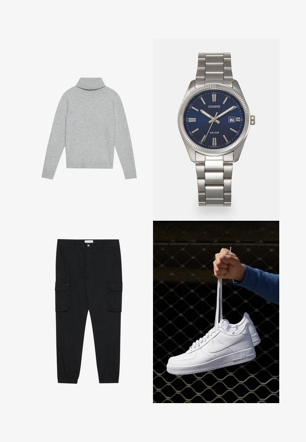Suéter de cuello alto gris claro con cuello y puños acanalados, confeccionado en un material de punto suave. Presenta un ajuste relajado y color sólido.; Pantalones cargo negros con patas rectas, puños elásticos y múltiples bolsillos laterales. Hechos de tejido texturizado con cierre de botón.; Zapatillas de cuero blanco con perforaciones, punta redonda, suela plana y cordones gruesos, con un logo de swoosh visible y "AIR" en el talón.; Reloj de pulsera de acero inoxidable plateado con una esfera azul marina, marcadores horarios metálicos y una ventana de fecha a las 3 en punto. Resistente al agua hasta 50 metros.