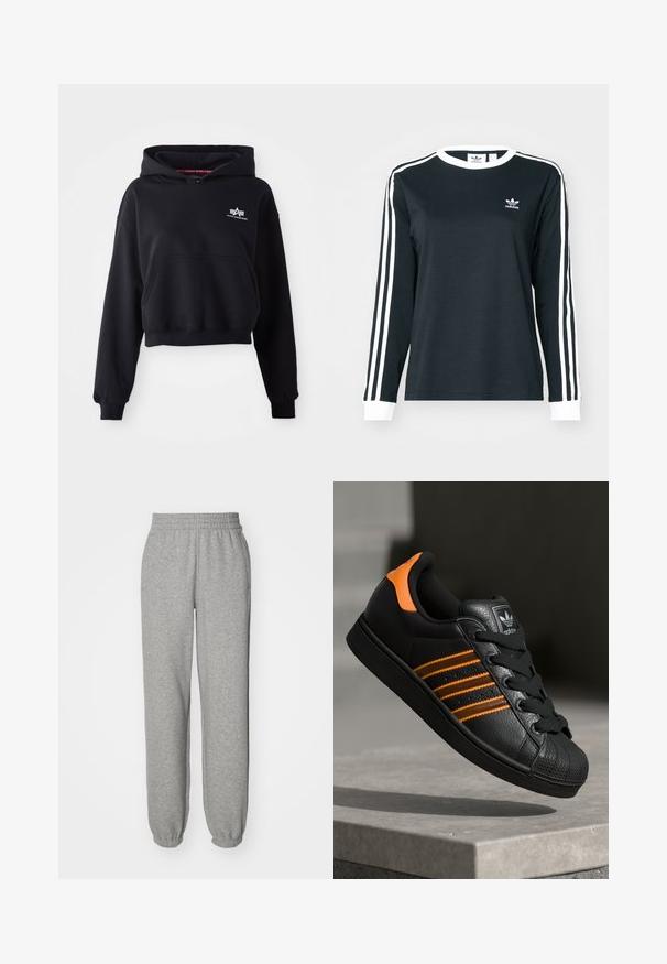 Svart kortärmad hoodie i mjukt material, med en framficka, dragsko i huvan och en liten vit logotyp på bröstet.; Svart långärmad tröja med vita accenter, med rund hals och tre vita ränder på varje ärm. Litet logo på bröstet.; Grå träningsoverallsbyxor gjorda av mjukt tyg, med elastisk midja och muddar, avslappnad passform och en enkel design.; Svart sneakers med orange detaljer, tre horisontella ränder, texturerad läderöverdel, gummitåhuvud och svarta snören.
