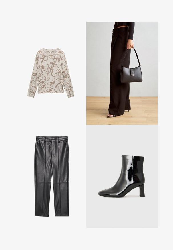 TOM TAILOR GEMUSTERTES LANGARM - Trui - cosy taupe floral design; Zwarte leren broeken met een gladde textuur, voorzien van een rechte pasvorm, twee voorzakken en zichtbare naaddetail.; Zwarte gepolijste leren enkellaars met een spitse neus en een blokhak van gemiddelde hoogte. Glad textuur en minimalistisch ontwerp.; Zwarte handtas met gestructureerde vorm, gladde textuur en een metalen sluiting. Gecombineerd met brede zwarte broeken en sandalen met open teen op een houten vloer.