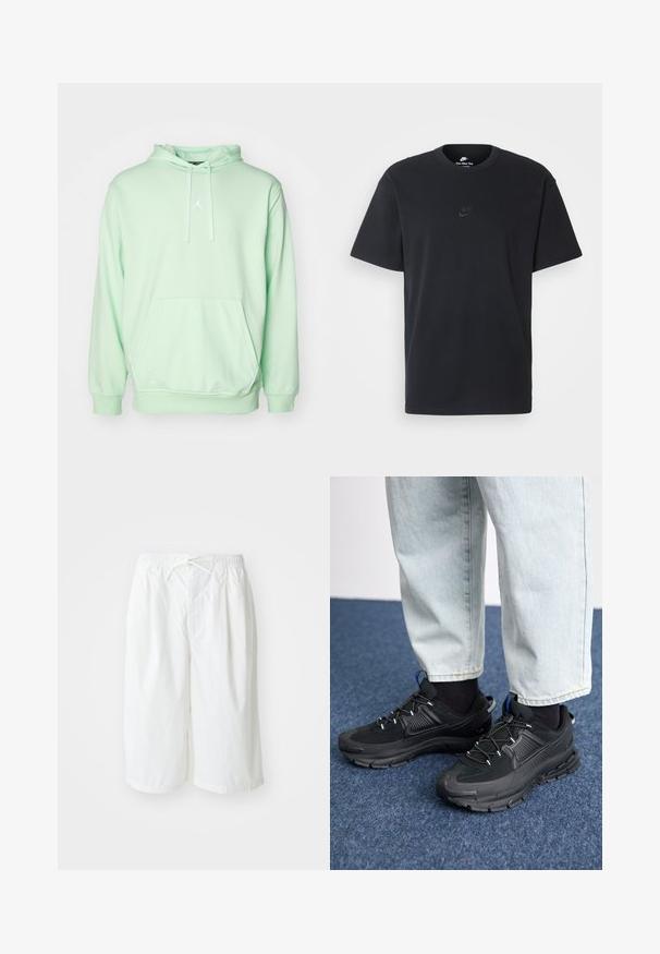 Minta zaļa kapuce, kas izgatavota no mīksta auduma, ar priekšējo kabatu un baltu logotipa akcentu uz krūškurvja. Regulējama aukla kapuces daļā.; Nike melns kokvilnas T-krekls ar klasisku piegriezumu, īsām piedurknēm un smalku, reljefu logotipu uz krūškurvja. Gluda tekstūra.; Bianchi šorti ar elastīgu jostu un auklu, izlikti uz vienkārša, gaiša fona. Piemēroti ikdienai vai siltam laikam.; Melni sporta apavi ar strukturētu audumu un gumijas zoli, ar elastīgām auklām un zilu akcentu uz papēža. Nēsāti ar gaišām džinsu biksēm.