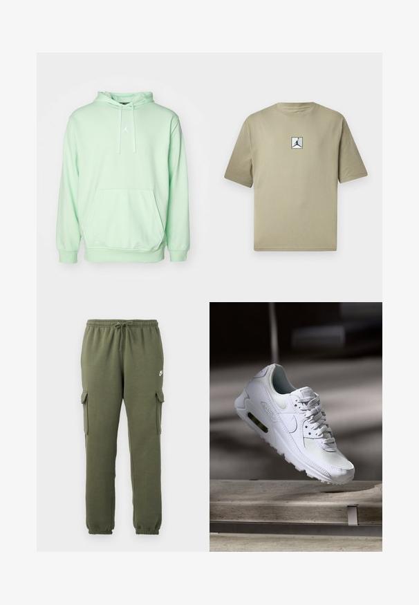 Mėtų žalios spalvos gobtuvu megztinis iš švelnios medžiagos, su priekinėmis kišenėmis ir balta logo akcentu ant krūtinės. Reguliuojama raištelių su sistema ant gobtuvo.; Kaki spalvos medvilninė marškinė su trumpomis rankovėmis, su mažuoju juodu Jordan logotipu baltame kvadre priekyje. Paprastas dizainas ir laisvas siluetas.; Tamsiai žalios spalvos cargo kelnės su elastingu juosmeniu, virvutės uždarymu, šoninėmis kišenėmis ir prekės ženklo logotipu ant šlaunies. Lygaus medvilnės mišinio audinys.; Baltos Nike Air Max 90 sportbačiai su.comi ir odos viršumi, perforuota pirštų dėžute ir matomu oro pagalvėle kulne.