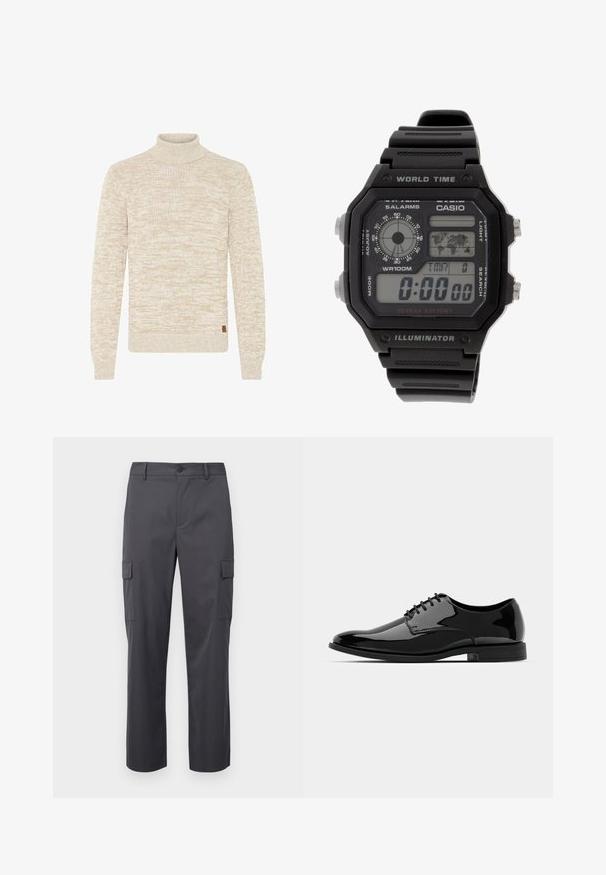 Beige and white marled knit sweater with long sleeves and a high turtle neck collar, featuring a small brown brand tag near the hem.; Charcoal gray cargo pants made of smooth fabric, featuring a straight leg design, two side pockets, and a button closure at the waist.; Black patent leather dress shoe with a rounded toe, lace-up design, and smooth, shiny surface. Features a low-profile rubber sole.; Digital wristwatch with a black rubber strap, rectangular case, and lens. Displays time, world time map, and buttons for alarm and light.