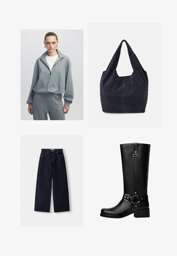 Grauer Zip-Hoodie aus weichem Stoff, mit lockerer Passform, überschrittenen Schultern und gerippten Bündchen für zusätzliche Textur.; Dunkelblaue, weite Jeans mit hoher Taille, fünf Taschen, Kontrastnähten und silbernem Metallzubehör. Glatte Textur und saubere Verarbeitung.; Hohe schwarze Kunstlederstiefel mit einer abgerundeten Zehe, einem Akzentgürtel-Schnallen-Detail und einem stabilen Absatz. Glatte Textur und vertikale Naht am Schaft.; Navy Blau Wildleder-Handtasche mit einer lässigen Form, breiten Schulterriemen und sichtbarem Steppnähdetail am Körper.