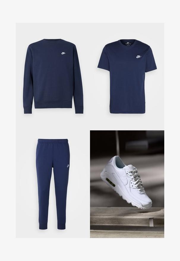 Navyblå genser laget av mykt stoff, med rund hals og lange ermer, med en liten hvit Nike-logo på brystet.; Mørkeblå bomulls T-skjorte med rund hals og korte ermer. Har en hvit Nike-logo på venstre bryst og en rett nedre kant.; Marineblå Nike joggebukser laget av myk bomullsblanding, med elastisk midje, smale ben og en liten hvit logo på siden.; Hvit lær sneakers med teksturerte overflater, polstret krage og synlig luftdemping i sålen. Har snøring og et minimalistisk design.