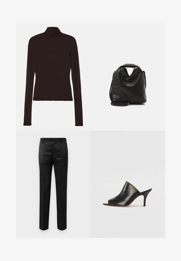 Tiger of Sweden AMINHA - Striktrøje - dark chokolate; Sorte skræddersyede bukser med lige ben og en livrem med bæltesløjfer, der har en blanding af matte og glinsende stofpaneler.; Sort læder åben tå mule med et slankt, buet design, høj stiletto hæl og glat tekstur. Indersiden har en kontrasterende lys farve.; Sort, blødt lædertaske med et unikt snoet design. Har et kort håndtag og en aftagelig skulderrem. Minimalistisk stil.