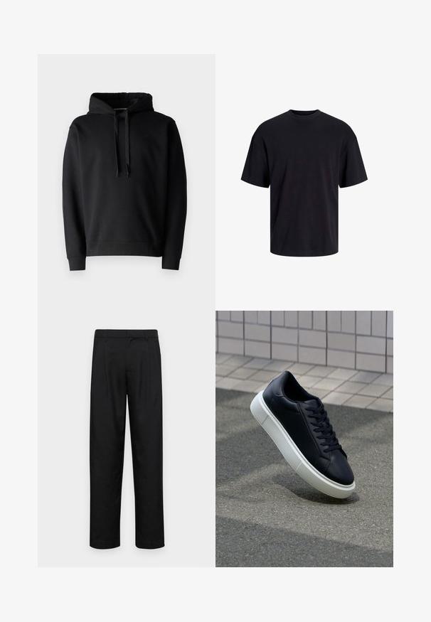 Felpa nera con cappuccio realizzata in tessuto morbido, dotata di tasca a marsupio, polsini a costine e un cordino regolabile nel cappuccio.; T-shirt in cotone nero con collo rotondo, maniche corte e vestibilità morbida. Texture liscia senza pattern o dettagli visibili.; Pantaloni neri realizzati in tessuto liscio, caratterizzati da un taglio dritto, due pieghe frontali e una vita standard con passanti per la cintura.; Sneaker in pelle nera con punta arrotondata e suola in gomma bianca. Presenta lacci piatti e cuciture minime sulla parte superiore. Suola testurizzata per una migliore aderenza.