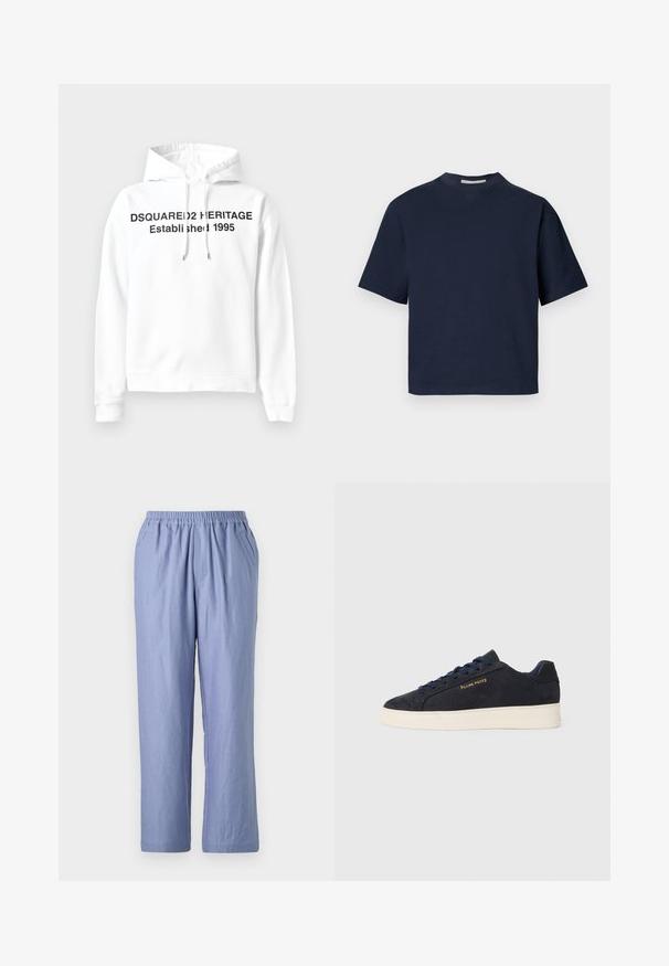 Valge kapuutsiga pusa, millel on ees kangaroo-tasku, nööriga kapuuts ja must tekst: "DSQUARED2 HERITAGE Asutatud 1995." Pehme kangas.; Tumed sinise värvi lühikeste varrukatega T-särk v-kaelusega, pehmest materjalist, millel on mugav lõige ja minimaalne disain, ilma nähtavate mustriteta või lisavarustuseta.; Kerged sinised, vabalt langevad püksid elastse vöökohtaga, kahe küljetaskuga ja sirgete jalgadega. Valmistatud pehmest kangast, millel on sile tekstuur.; Tumedat sinine seemisnahast madala profiiliga tennis, valge tossutald, tumesinised paelad ning küljes kuldne "Filling Pieces" logo.