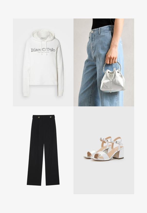 Marc O'Polo LONG SLEEVE HOODED LOGO PRINT - Hoodie - white cotton; Black wide-leg trousers with high waist, button details on waistband, and front pleats.; Silver high-heeled sandals with open toes, featuring two wide straps and a rounded block heel. Smooth texture with metallic finish.; Metallic silver bucket bag with a textured finish, adorned with a silver round handle and drawstring closure, held against light blue jeans.