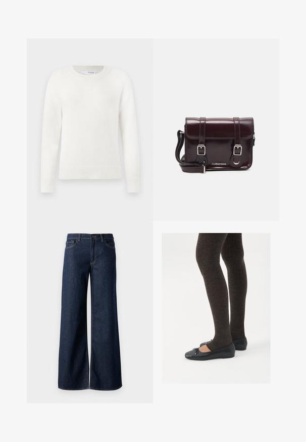 Pulover alb cu mâneci lungi din tricot, cu manșete și tiv cu dungi, și guler rotund, pe un fundal alb simplu.; Jeanși cu picioare largi din denim albastru închis. Prezintă cusături contrastante, cinci buzunare și o închidere cu nasture la talie. Textură netedă.; Pantofi negri cu un detaliu mic de fundiță la vârf, asortați cu colanți maro închis, cu textură ondulată. Pantofii au o textură netedă și un profil joase.; Geantă crossbody din piele lac burgundă, cu formă rectangulară, două curele, accesorii din argint și închidere cu clapetă.