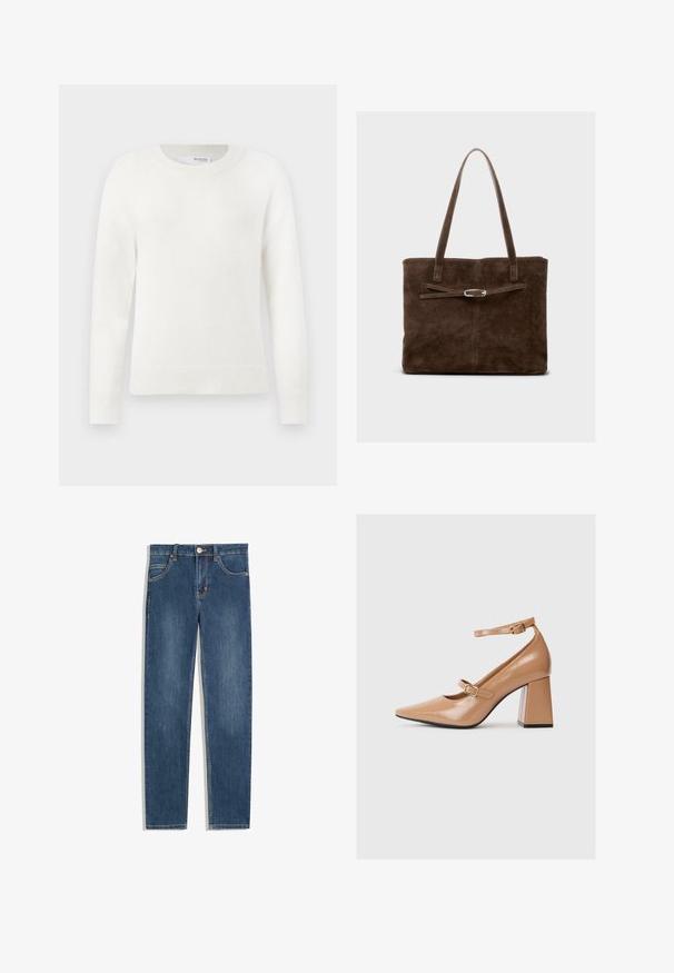 Weißer, langärmeliger Strickpullover mit gerippten Bündchen, Saum und Rundhalsausschnitt auf einem schlichten weißen Hintergrund.; Dunkelblaue Jeans aus Denim mit geradem Schnitt, fünf Taschen, subtilen Nähdetails und einem Metallknopf an der Taille.; Beige Lackleder-Pumps mit spitzem Zeh, einem Knöchelriemen und einem massiven Quadratabsatz. Glatte Textur mit glänzender Oberfläche.; Braune Wildleder-Tote-Bag mit langen Griffen, flachem Körper und einem dekorativen Riemen mit silberfarbener Hardware.