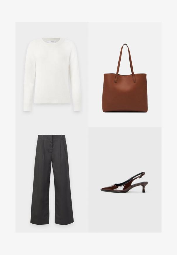 White long-sleeve knit sweater with ribbed cuffs, hem, and crew neckline on a plain white background.; Wide-leg trousers in black fabric, featuring a high waist, front creases, and subtle pockets. Smooth texture with a clean finish.; Brown patent leather slingback shoe with a pointed toe and a moderate heel. Features a buckle strap for secure fit. Smooth texture.; Brown leather tote bag with a smooth texture, open top design, and two shoulder straps. Features minimal stitching and no visible hardware.