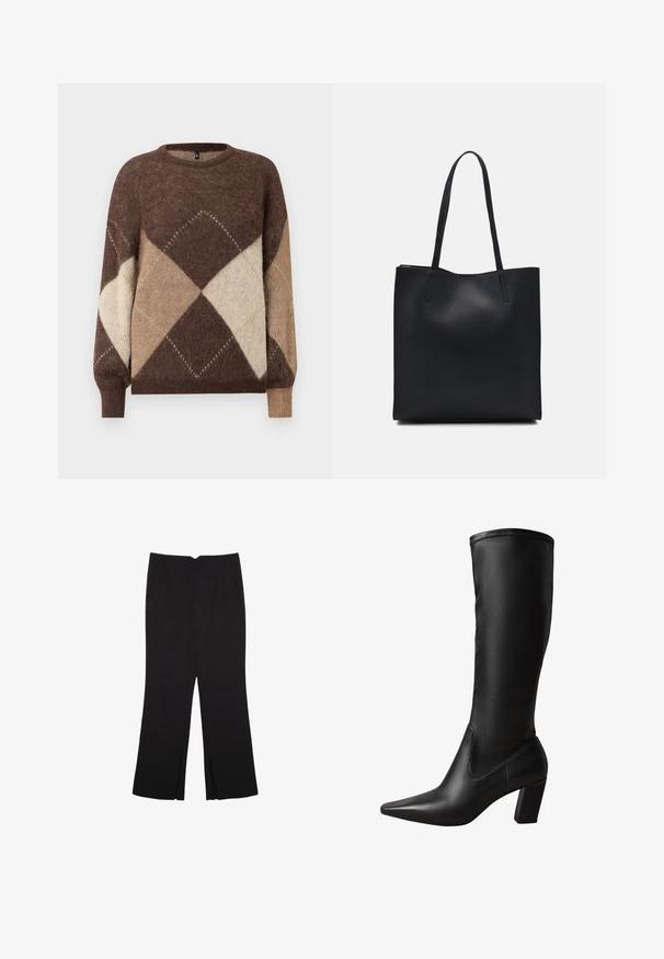 Braun-beige gestrickter Pullover im Argyle-Muster mit langen Ärmeln und gerippten Bündchen auf einem weißen Hintergrund.; Schwarze Hose mit geradem Schnitt, ausgestattet mit Fronttaschen und Seitenschlitzen am Saum. Hergestellt aus weichem, glattem Stoff. Geeignet für verschiedene Anlässe.; Schwarze kniehohe Stiefel aus Leder mit spitz zulaufender Zehe, Blockabsatz, glatter Textur und figurbetontem Design. Nahtdetails entlang des Schafts.; Schwarze Laptoptasche aus Leder mit glatter Textur, rechteckiger Form und zwei langen Griffen. Keine sichtbaren Beschläge oder Verzierungen.