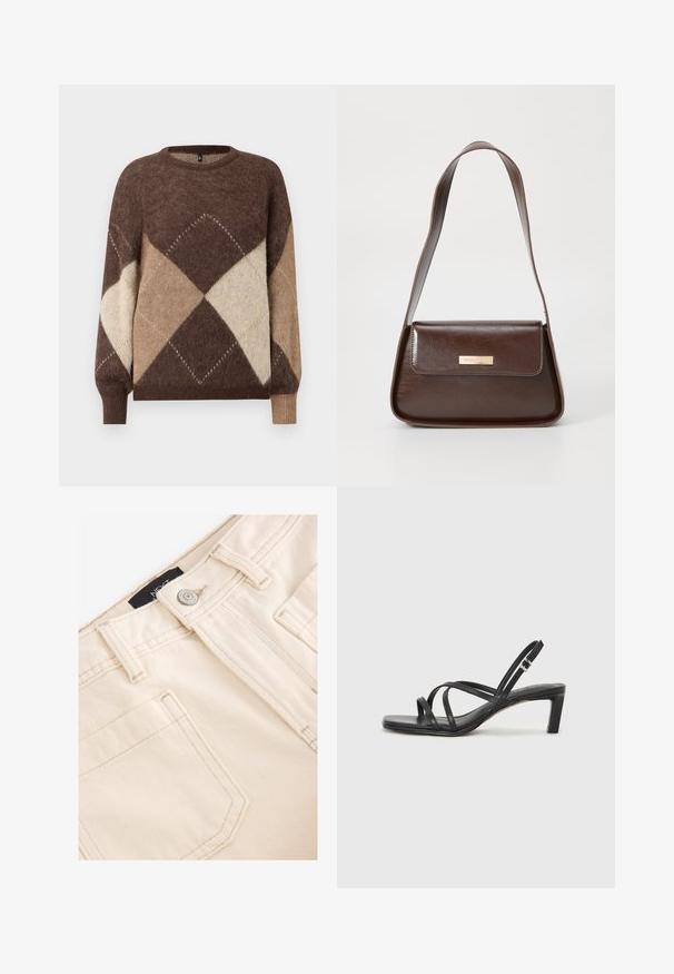 Bruine en beige argyle gebreide trui met lange mouwen en ribbelmanchetten op een witte achtergrond.; Beige katoenen broek met een gestructureerde afwerking, voorzien van een metalen knoop, ceintuurlussen en steekzakken aan de voorkant. Stiksels benadrukken de ontwerpdetails.; Zwarte sandaal met bandjes, vierkante teen en een lage blokhak. Voorzien van meerdere dunne bandjes en een verstelbare enkelband. Gemaakt van zacht leer.; Bruine leren schoudertas met een gestructureerde vorm, voorzien van een magnetische klepsluiting en een metallic logoaccent aan de voorkant.