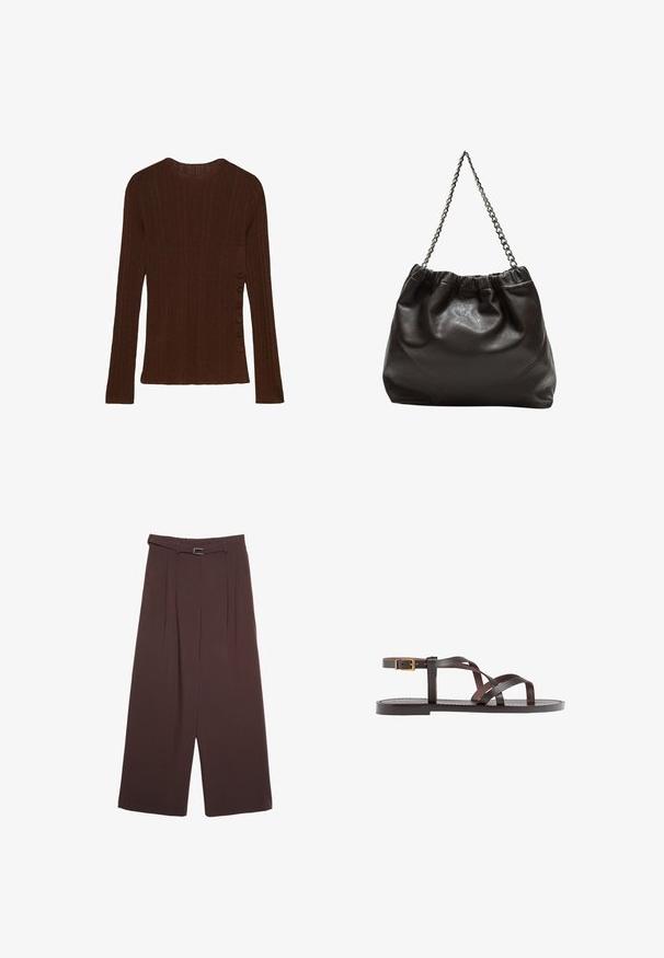 Maglione lungo a maniche lunghe marrone, a coste, con scollatura tonda e sei bottoni decorativi lungo il lato sinistro. Tessuto morbido e design aderente.; Stradivarius WIDE-LEG WITH BUCKLE DETAIL - Pantaloni - dark brown; Sandal in pelle marrone con cinturini incrociati, chiusura con cinturino alla caviglia e suola piatta con dettagli di cucitura minimi.; Borsa in pelle marrone con parte superiore arricciata e tracolla a catena. Texture liscia con finitura lucida e dettagli di cucitura sottili sui lati.