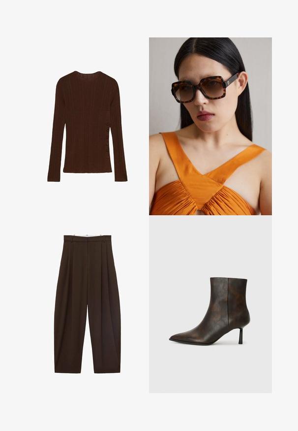 Maglione lungo a maniche lunghe marrone, a coste, con scollatura tonda e sei bottoni decorativi lungo il lato sinistro. Tessuto morbido e design aderente.; Pantaloni marroni a vita alta con pieghe, realizzati in tessuto morbido. Vestibilità ampia, design a gamba dritta, dotati di passanti per cintura e chiusura con zip.; Stivale alla caviglia in pelle marrone con punta affusolata, design elegante e tacco sottile nero. Superficie strutturata con un motivo sottile.; Occhiali da sole oversize in tartaruga marrone con una ampia montatura rettangolare e lenti sfumate. Dettaglio del logo in oro sul lato.