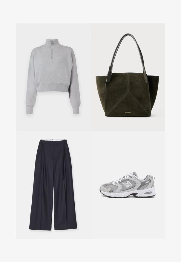 Hellgrauer, kurz geschnittener Pullover mit hohem Kragen, halbem Reißverschluss und langen Ärmeln. Weiche Textur und gerippter Saum am unteren Ende.; Weißes, kurzes Hemd aus Baumwolle mit Knopfverschluss, spitzem Kragen, langen Ärmeln und einer einzigen Brusttasche. Glatte Textur.; Victoria Beckham WIDE LEG TROUSER - Stoffhose - midnight; Graue Sportschuhe mit einem Obermaterial aus Mesh und Wildleder, weißen Schnürsenkeln und einer schwarzen Sohle. Enthält ein auffälliges "N"-Logo und einen gepolsterten Schaft.; Dunkelgrüne Wildleder-Tote mit langen schwarzen Ledergriffen, kantigem Design und goldenem Logo-Detail am Boden. Strukturierte, geformte Form.