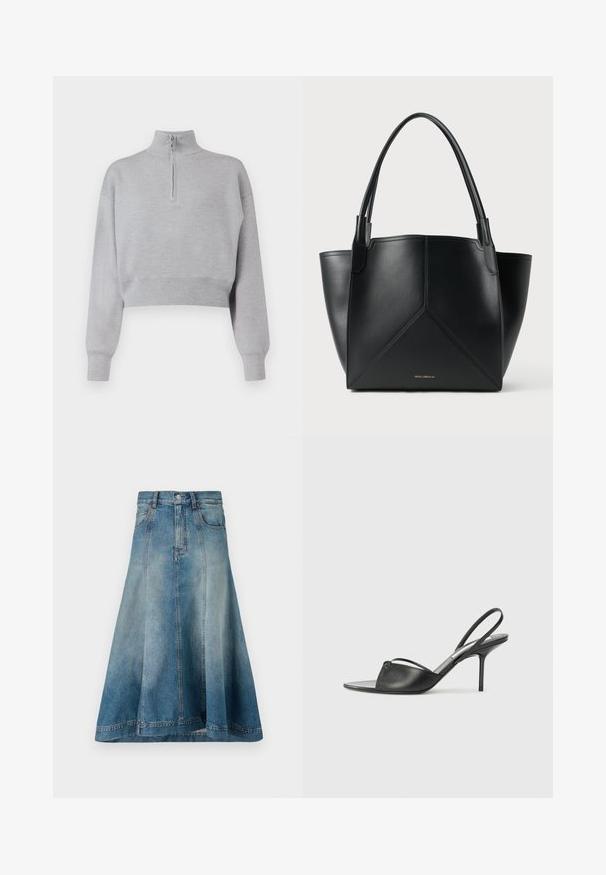 Light gray cropped sweater with a high neck, half-zip closure, and long sleeves. Soft texture and ribbed hem at the bottom.; Denim A-line skirt in a light blue wash with a high waist, side pockets, and seam detailing that extends to the hem.; Black leather slingback heels with a pointed toe, thin ankle strap, and stiletto heel. Features a knotted detail on the vamp.; Black leather tote bag with a geometric design, featuring two handles and gold branding on the front. Smooth texture and structured shape.