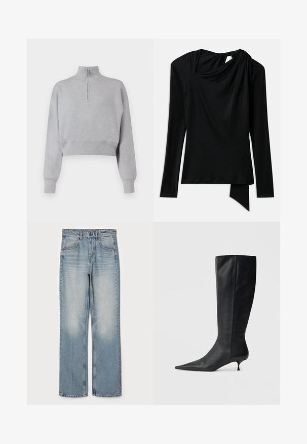 Hellgrauer, kurz geschnittener Pullover mit hohem Kragen, halbem Reißverschluss und langen Ärmeln. Weiche Textur und gerippter Saum am unteren Ende.; Langärmliges schwarzes Oberteil aus glattem Stoff, mit einem drapierten Ausschnitt, asymmetrischem Saum und einem Ausschnitt an der Rückseite.; Helleblaue Denim-Jeans mit geradem Schnitt, hoher Taille, fünf Taschen und dezentem Verblassen an Oberschenkeln und Knien.; Schwarze Lederstiefel bis zum Knie mit spitzer Zehe und schmalem Kittenheel. Sanfte Textur und minimalistisches Design ohne sichtbare Beschläge.