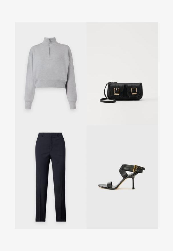 Világosszürke, rövidített pulóver magas nyakkal, félig cipzárral és hosszú ujjal. Puha tapintású, alján bordás szegéllyel.; Tengerészkék, egyenes szabású, szabott nadrág sima textúrával, két elülső zsebbel és letisztult derékkal.; Fekete magassarkú szandál keresztpántos dizájnnal és állítható csattal. Simább felülettel és hegyes tűsarkúval rendelkezik.; Fekete bőr keresztbody táska két elülső zsebbel, arany csattokkal, cipzáras záródással és vékony pánttal. Textúrált felület és kompakt téglalap alak.