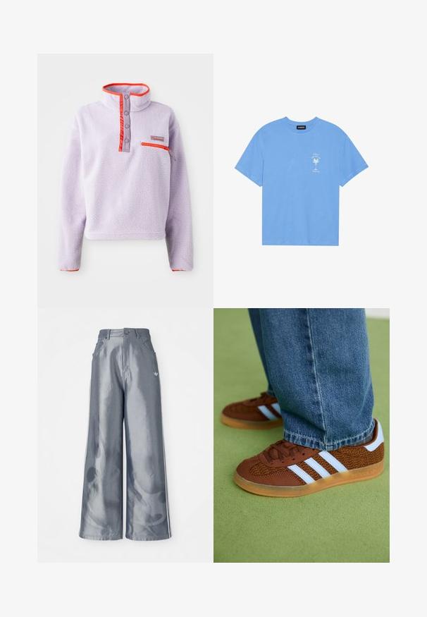 Pullover de fleece roxo claro com colarinho alto, detalhes em nylon vermelho, botões de pressão e um bolso com zíper na parte frontal esquerda.; T-shirt de algodão azul claro com decote redondo. Apresenta uma gráfica branca de uma palmeira e texto na área do peito esquerdo. Mangas curtas.; Calças de pernas largas em material cinza brilhante, com riscas brancas nas laterais e um padrão de chamas na parte inferior das pernas. Fecho com botão e fecho éclair na cintura.; Tenis Adidas castanhos com riscas brancas e solas de borracha, usados com jeans azuis sobre um tapete verde.