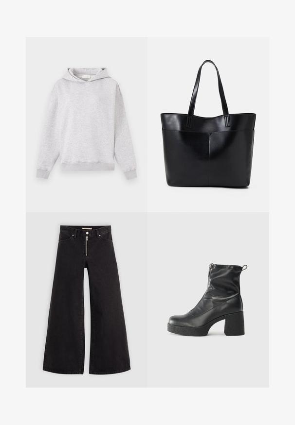 Világosszürke kapucnis pulóver, puha anyagból készült, elülső zsebbel, bordás mandzsettákkal és aljúval, a mellrészen egy kis hímzett logóval.; Fekete denim széles szárú farmer, cipzáros elejével, öt zsebes kialakítással és diszkrét varrással. Sima textúra és laza stílus.; Fekete bokacsizmák sima bőrből, oldalsó cipzárral, vastag, texturált sarkú és lekerekített orrú dizájnnal.; Fekete bőr bevásárlótáska két hosszú fogantyúval, sima felülettel és strukturált formával. Elülső zseb található rajta a plusz tárolás érdekében.