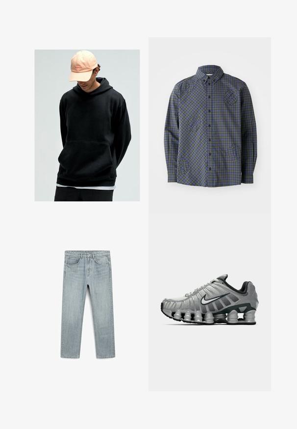Felpa nera con cappuccio e tasca a marsupio, realizzata in tessuto morbido. Abbinata a un cappellino da baseball rosa chiaro con logo.; Henrik Vibskov BLOCK - Camicia - checks; Jeans in denim azzurro chiaro con taglio diritto, cinque tasche e chiusura a bottoni e cerniera visibile. Texture liscia con leggero sbiancamento.; Scarpa da corsa Nike grigia e nera con ammortizzazione visibile a molla sotto la suola e logo swoosh bianco di lato.