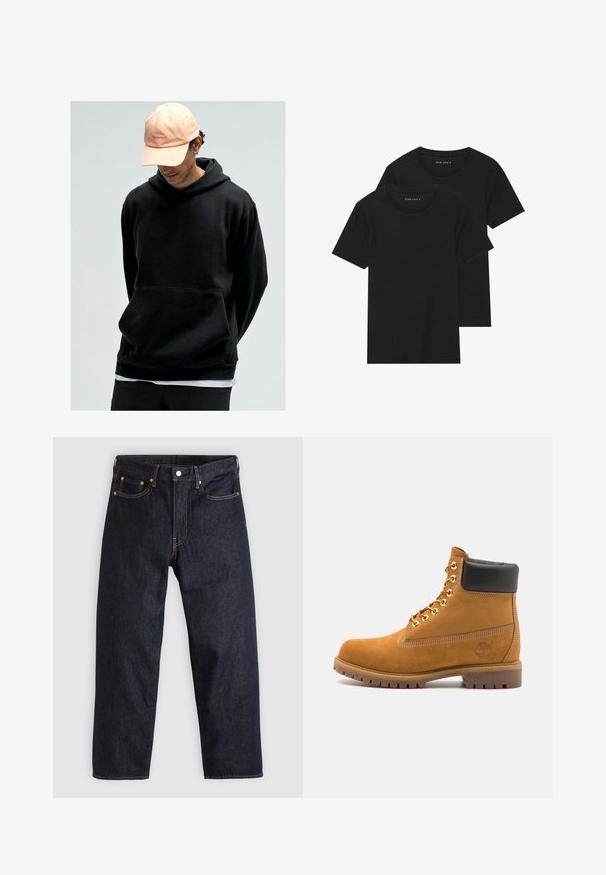 Czarna bluza z kapturem z kieszenią kangurzą, wykonana z miękkiego materiału. W zestawie z jasnoróżową czapką baseballową z logo.; Dwie czarne bawełniane koszulki z krótkimi rękawami, okrągłymi dekoltami i gładką fakturą, wyeksponowane ułożone jedna na drugiej.; Granatowe dżinsy w prostym kroju, z pięcioma kieszeniami, kontrastującymi pomarańczowymi szwami oraz zapięciem na guzik. Brak widocznych wzorów lub zdobień.; Beżowe zamszowe botki sięgające kostki z czarną wyściełaną krawędzią, złotymi oczkami, białymi detalami szycia oraz wytrzymałą gumową podeszwą z wyraźnym bieżnikiem.