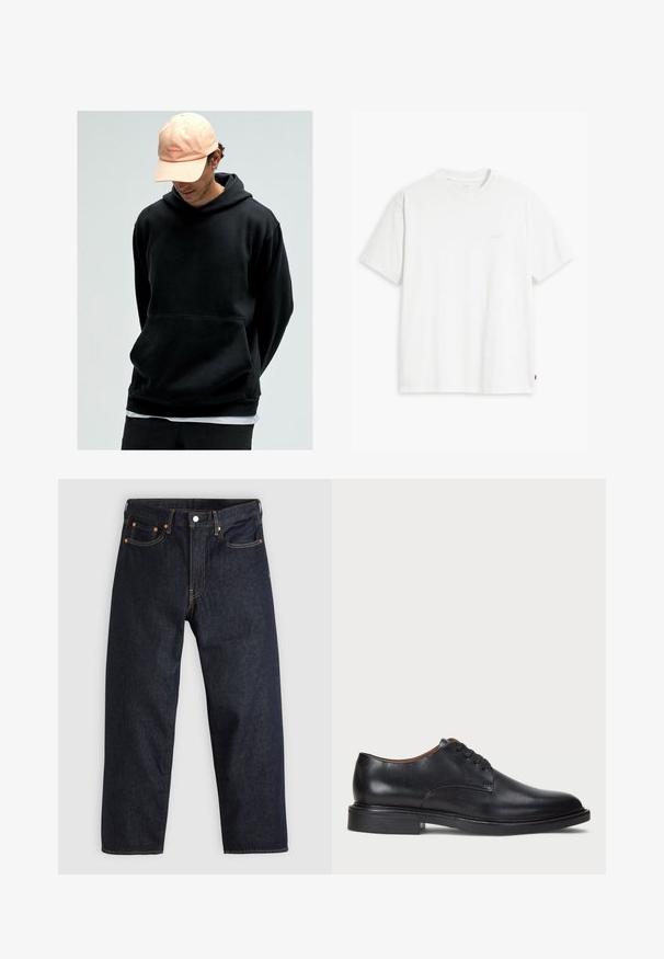 Crna dukserica s kapuljačom i kengur džepom, izrađena od mekanog materijala. Uparena s svijetloružičastom bejzbol kapom koja ima logotip.; Bijela pamučna majica kratkih rukava, s okruglim izrezom i suptilnim "Levi's" logotipom u svijetloj boji na prednjoj strani.; Tamno plave traperice ravnog kroja, s pet džepova, kontrastnim narančastim šavovima i dugmetom za zatvaranje. Nema vidljivih uzoraka ili ukrasa.; Crne kožne cipele s okruglim vrhom, vezanjem i niskim stogom. Glatka tekstura s minimalnim šavovima.