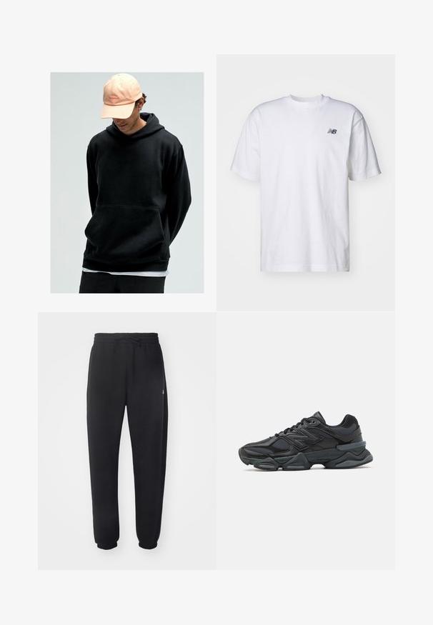 Zwarte hoodie met kangoeroezak, gemaakt van zachte stof. Gecombineerd met een lichtroze baseballcap met een logo.; Witte korte mouwen crew neck T-shirt met klein zwart New Balance-logo op de linkerkant van de borst tegen een effen achtergrond.; Zwarte joggingbroek van zacht materiaal met een elastische tailleband, trekkoord en taps toelopende manchetten, met een subtiele logo aan de zijkant.; Zwarte hardloopschoen met een mix van mesh en synthetische materialen, een stevige zool, gebogen ontwerp en prominente branding op de zijkant.