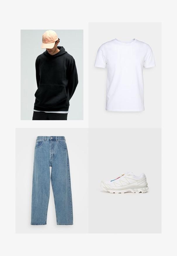 Fekete kapucnis pulóver, kenguruzsebbel, puha anyagból készült. Világos rózsaszín baseball sapkával párosítva, logóval díszítve.; Fehér, rövid ujjú felső pamut anyagból, kerek nyakkivágással. Egyszerű dizájn, minta vagy díszítés nélkül. Sima textúra.; Világoskék farmernadrág, magas derekú, laza szabású, két elülső zsebbel, egy hátsó folttal, és gombos záródással.; Fehér sportcipő texturált hálós felsőrésszel, fényvisszaverő részletekkel és párnázott talppal. Figyelemre méltó márkalogó az oldalon.