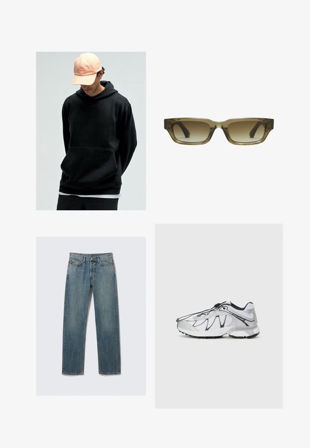 Čierna mikina s kapucňou a klokankou, vyrobená z mäkkej látky. V kombinácii so svetloružovou šiltovkou s logom.; Modré džíny so straight-leg strihom, s prednými a mincovými vreckami, poutkami na opasok a kovovým zapínaním na jednoduchom pozadí.; Biele športové topánky s vrchnou časťou z priedušnej sieťoviny, čiernymi akcentmi, textúrovanou gumovou podrážkou a elastickým šnurovaním. Ľahké s moderným dizajnom.; Hnedé slnečné okuliare s gradientom, so štvorcovým tvarom, hrubými masívnymi rámami a čiernymi stranami. Priesvitný hnedý materiál pridáva hĺbku.