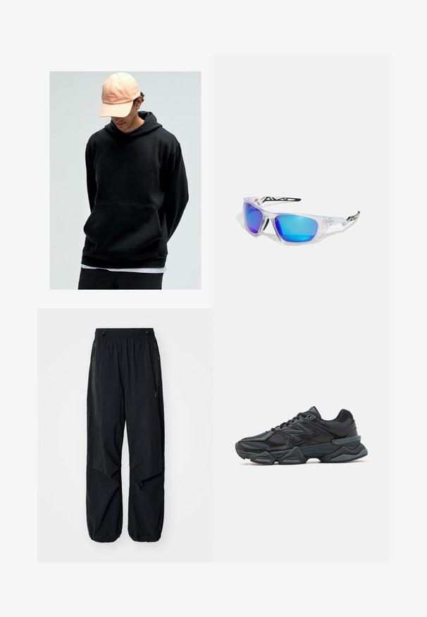 Must mustaga, millel on tasku, valmistatud pehmest kangast. Koos helesinise pesapallimütsiga, millel on logo.; Mustad mustad cargo püksid elastse vöökoha, külgzippide ja avarate taskutega. Omab laia lõiget ja kitsenevaid sääreotsasid.; Mustad mustus jooksukeng, mis sisaldab segu võrgust ja sünteetilisest materjalist, jäme talla, kaarduv disain ja silmapaistev bränding külgedel.; Spordiprillid selgete raamidega, siniste ja lillate peegelprillidega, nurgelise disainiga ning mustade aksentidega templites.