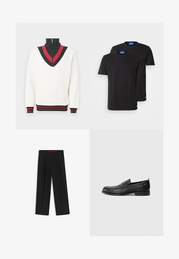 Weißer Pullover mit hohem Kragen, mit einem schwarzen und roten V-förmigen Design auf der Brust sowie kontrastierenden gerippten Bündchen und Saum.; Zwei schwarze Baumwoll-T-Shirts mit Rundhals, kurzen Ärmeln und blauen "HUGO"-Labels an den Kragen und seitlichen Säumen.; Schwarze weit geschnittene Hosen mit flachem Bund, zwei seitlichen Taschen, gefaltetem Design und einem kontrastierenden roten Innenbund.; Schwarze Lederloafers mit einem strukturierten Vorderteil und glatten Seiten. Sie verfügen über einen schmalen Absatz und eine Schlaufe an der Rückseite für einfaches Anziehen. Klassisches Design.