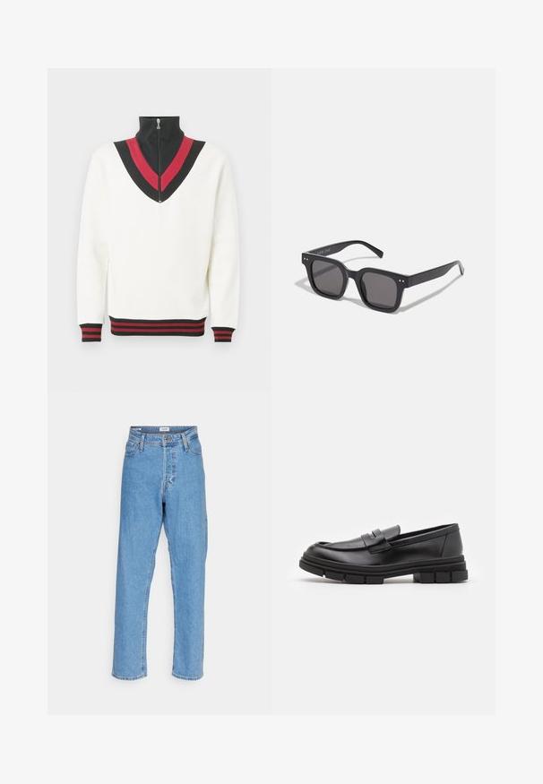 Weißer Pullover mit hohem Kragen, mit einem schwarzen und roten V-förmigen Design auf der Brust sowie kontrastierenden gerippten Bündchen und Saum.; Weißes Baumwoll-T-Shirt mit kurzen Ärmeln, Rundhalsausschnitt und lässigem Schnitt. Glatte Textur ohne sichtbare Muster oder Akzente.; Helle blaue, hoch-taillierte, gerade Jeans mit vorderem Knopf, Reißverschluss, Gürtelschlaufen und Fünf-Taschen-Design auf weißem Hintergrund.; Schwarze Lederloafer mit glatter Oberfläche, ausgestattet mit einem vorderen Riemendetail und einer klobigen Gummisohle mit gerippten Akzenten.; Schwarze rechteckige Sonnenbrillen mit dunklen Gläsern, die einen dicken Rahmen, subtile Akzente an den Seiten und keine sichtbaren Logos außer dem Markennamen aufweisen.; Metallquarzarmbanduhr mit schwarzem Zifferblatt, weißen Ziffern und Datumsanzeige. Verfügt über ein Edelstahlarmband und eine Wasserdichtigkeit von 100m.