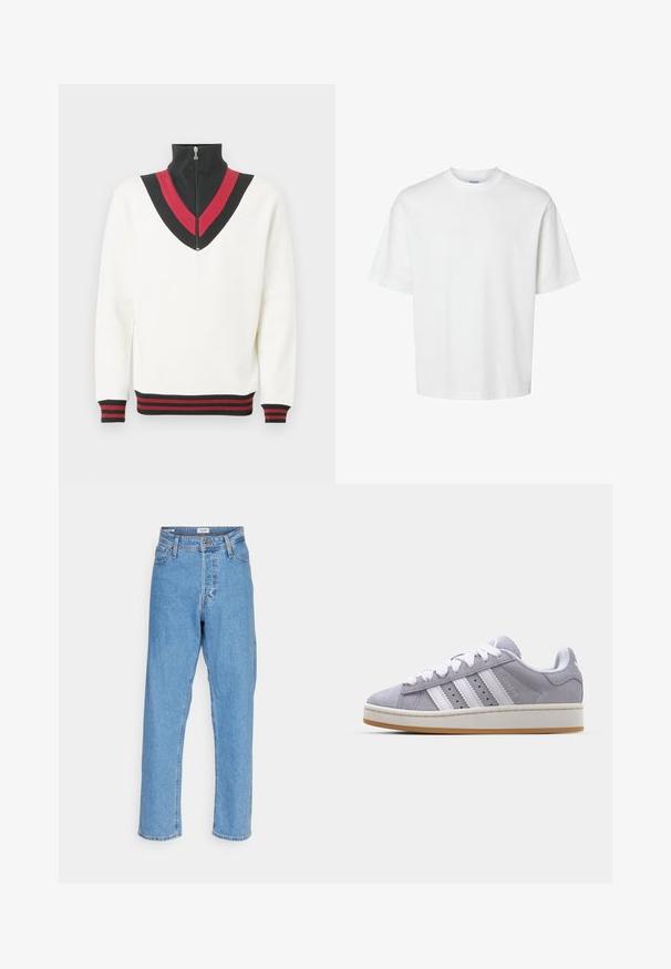 Weißer Pullover mit hohem Kragen, mit einem schwarzen und roten V-förmigen Design auf der Brust sowie kontrastierenden gerippten Bündchen und Saum.; Weißes Baumwoll-T-Shirt mit kurzen Ärmeln, Rundhalsausschnitt und lässigem Schnitt. Glatte Textur ohne sichtbare Muster oder Akzente.; Helle blaue, hoch-taillierte, gerade Jeans mit vorderem Knopf, Reißverschluss, Gürtelschlaufen und Fünf-Taschen-Design auf weißem Hintergrund.; Graue Wildledersneaker mit weißen Streifen, runder Spitze und Gummisohle. Besitzt Perforationen an der Seite und eine strukturierte Fersenschlaufe.