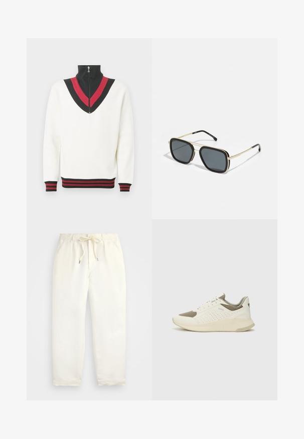 Pulover alb cu guler înalt, având un model în formă de V negru și roșu pe piept și manșete și tiv cu dungi contrastante.; Pantaloni casual de culoare crem deschis, confecționați dintr-un material moale. Au o talie elastică cu șnur și un design cu picioare înguste.; Tenis sportivi alb și bej deschis, cu un înveliș din plasă, detalii perforate și o talpă intermediară texturată, având marcaj pe călcâi.; Ochelari de soare negri și aurii cu formă pătrată, cadru metalic, lentile gri închise și vârful tentelor negre. Prezintă un design cu pod dublu.
