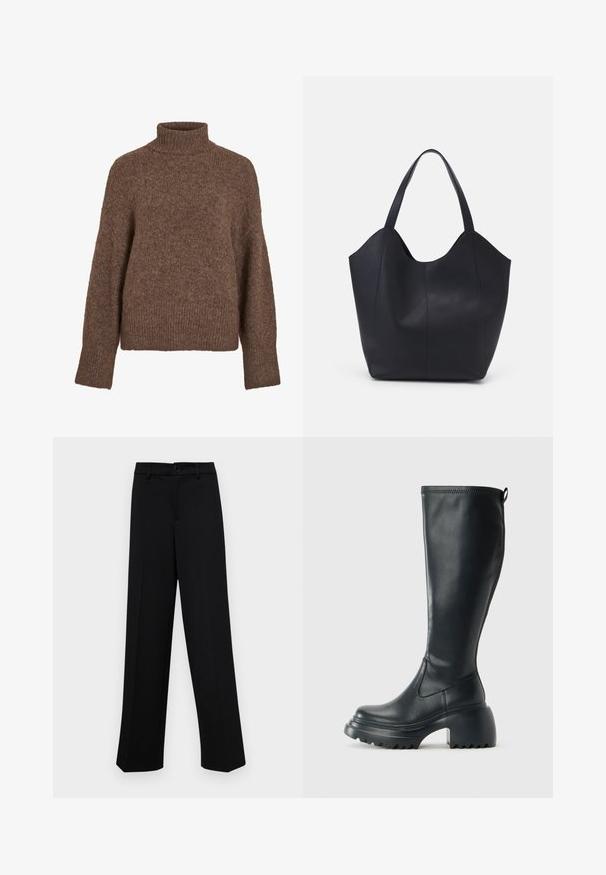 Brauner Rollkragenpullover aus weichem, strukturiertem Material. Verfügt über eine lockere Passform, gerippte Bündchen und Saum sowie ein gleichmäßiges Strickmuster.; Schwarze, weit geschnittene Hosen aus glattem Stoff, mit einem klassischen Taillenbund und einem Knopfverschluss sowie vorderen Falten.; Hoher schwarzer Lederstiefel mit einer robusten Plateausohle und Blockabsatz, der über eine Zuglasche und ein strukturiertes Profil an der Außensohle verfügt.; Schwarze Tote-Bag aus glattem Leder, mit einem abgerundeten, offenen Oberteil, zwei Schulterträgern und einem minimalistischen Design.