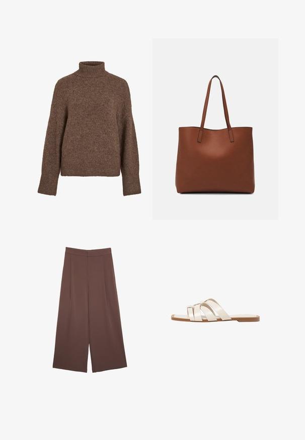 Pull à col roulé marron en matière douce et texturée. Il présente une coupe décontractée, des poignets et un ourlet côtelés, avec un tricotage uniforme sur toute la surface.; Pantalons larges marron avec une texture lisse, dotés d'une taille haute et de plis à l'avant. Le tissu est léger et tombe de manière fluide.; Sandales plates avec une semelle en caoutchouc beige, conçues avec trois brides en cuir blanc se chevauchant et un petit nœud au centre.; Sac fourre-tout en cuir marron avec une texture lisse, design à ouverture supérieure et deux poignées pour le porter à l'épaule. Présente des coutures minimales et aucun matériel visible.