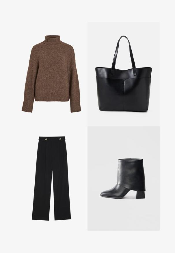 Pull à col roulé marron en matière douce et texturée. Il présente une coupe décontractée, des poignets et un ourlet côtelés, avec un tricotage uniforme sur toute la surface.; Pantalons larges noirs à taille haute, avec des détails de boutons à la taille et des plis sur le devant.; Bottine en cuir noir à bout pointu, texture lisse et talon bloc structuré. Elle se distingue par un design de revers haut et plié.; Sac fourre-tout en cuir noir avec deux longues poignées, une texture lisse et une forme structurée. Dispose d'une poche avant pour un rangement supplémentaire.