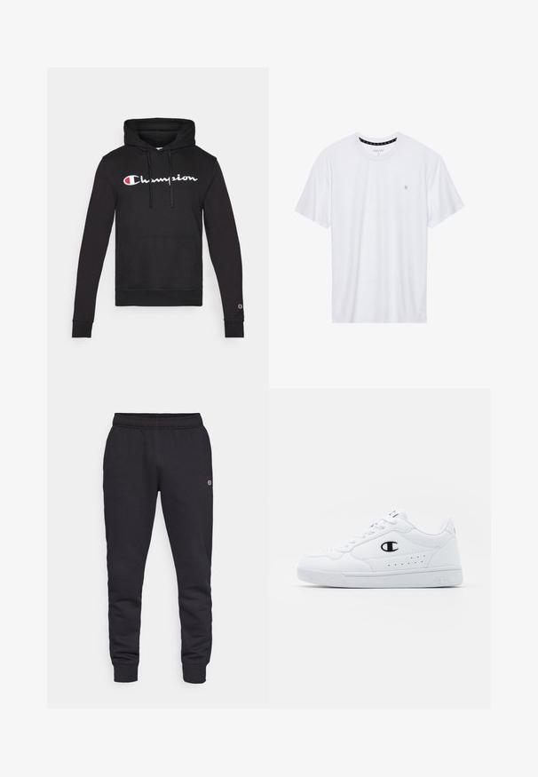 Svart bomullsfleece med frontlomme, snorhette og hvit "Champion"-logo med røde aksenter på brystet og ermet.; Hvit crewneck t-skjorte laget av bomull, med korte ermer og en liten logo brodert på venstre brystområde. Myk tekstur.; Sorte bomullssweatpants med elastisk midjebånd og mansjetter. Har logo detalj på siden. Glatt tekstur, avsmalnet design.; Hvite atletiske joggesko med en glatt syntetisk overdel, svart logo-akcent og perforerte detaljer på siden. Gummisåle.