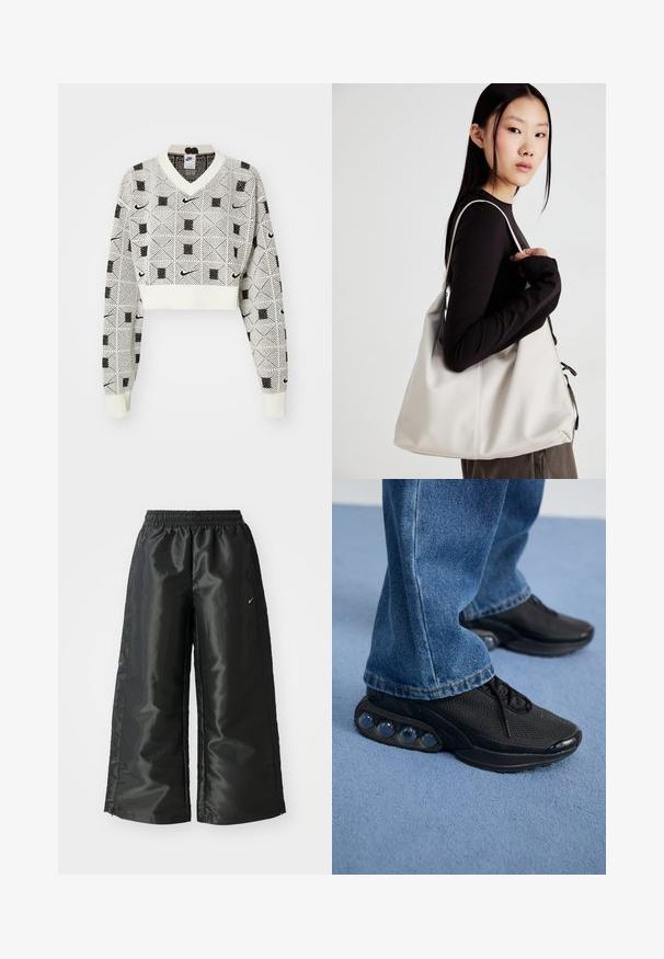 Suéter de malha preto e branco, cortado, com decote em V, padrão geométrico, detalhes do logo da Nike e punhos e bainha canelados.; Calças atléticas pretas com um tecido brilhante e suave, apresentando uma cintura elástica, pernas largas e um pequeno logotipo do lado esquerdo.; Ténis atléticos pretos com parte superior em malha, detalhes texturizados e almofadas de amortecimento de ar visíveis na sola. Usados com uns jeans de ganga azuis.; Uma bolsa bege feita de material macio, com um design descontraído, detalhes de costura e duas alças para o ombro. Adequada para uso diário.
