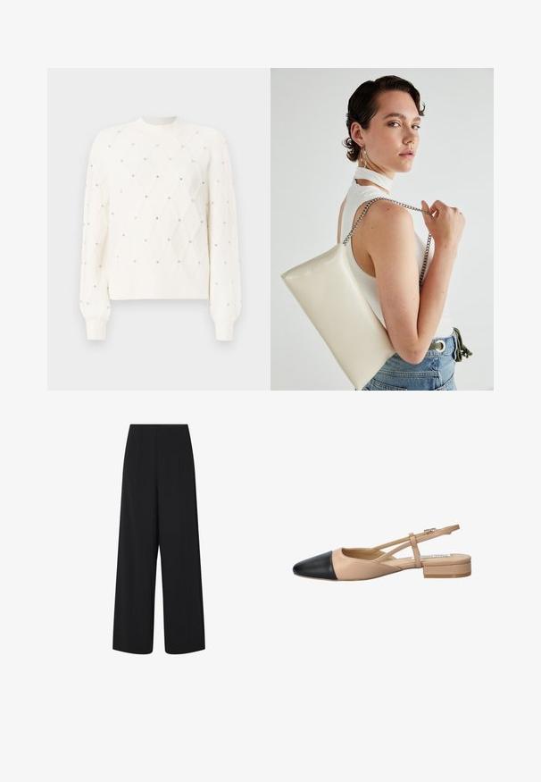 Maglione bianco lavorato a maglia con un motivo a diamante, impreziosito da piccole strass. Presenta un colletto a girocollo a coste e maniche lunghe.; Pantaloni neri a gamba larga e cropped con vita alta e tasche laterali, caratterizzati da sottili dettagli di cuciture verticali.; Scarpa slingback bicolore beige e nera con punta affilata, tacco piatto e dettaglio a fascia incrociata. Texture in pelle liscia.; Borsa a pochette rettangolare bianca realizzata in materiale lucido, con una tracolla in catena argentata. Il modello posa, mostrando la borsa su uno sfondo semplice.