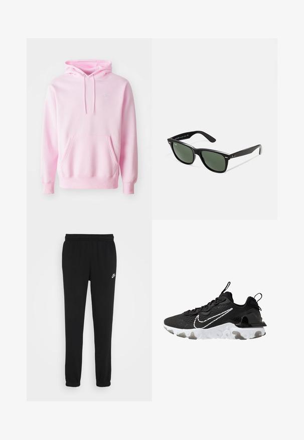 Sweatshirt rosa feito de uma mistura de algodão, apresentando um bolso canguru, cordões e um pequeno logo branco da Nike no peito.; Calças de fato de treino pretas com um cinto elástico, pernas ajustadas e um pequeno logótipo da Nike em branco no lado esquerdo. Feitas de um tecido macio texturizado.; Sapatilha atlética preta com um cabedal de tecido texturizado, swoosh branco da Nike e sola branca espessa. Apresenta uma alça no calcanhar para facilitar o calçar.; Óculos de sol de plástico preto com lentes verdes, armações quadradas, detalhe prateado na sobrancelha e hastes texturizadas. Marca indicada na parte interna da haste.