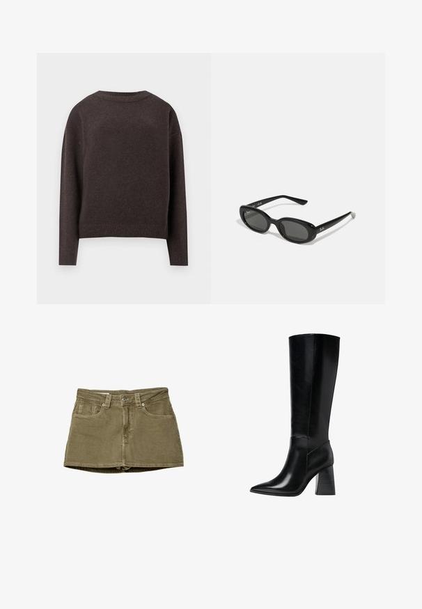 Mörkbrun stickad tröja med lång ärm och ribbade muddar och hems, visad från baksidan på en vit bakgrund.; Olivgrön denim mini kjol med framfickor, rak passform och knappstängning. Mjuk textur med synliga sömmar.; Knä höga svarta läderstövlar med spetsig tå, slät yta och en robust räfflad klack för stabilitet. Strömlinjeformad design med minimala detaljer.; Svarta solglasögon med ovala linser, glansigt plastbåge och smala armar. Har Ray-Ban-logotypen i vitt på sidan.