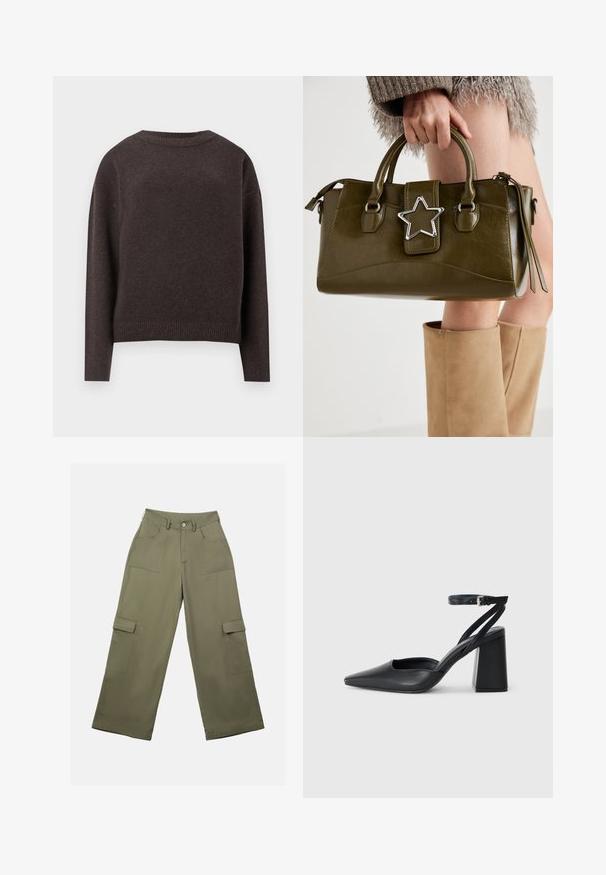 Tumši brūns crewneck džemperis ar garām piedurknēm un ribotām aprocēm un apakšmalu, redzams no aizmugures uz baltā fona.; Olivkrāsas kravu bikses ar augstu jostas vietu, platām kājām un divām lielām sānu kabatām. Izgatavotas no gluda auduma ar pogu aizdari.; Melna ādas augstpapēžu kurpe ar norakstīto purngala formu, potītes siksniņu un masīlu papēdi. Gluda tekstūra, elegants dizains un minimālisma estētika.; Olive zaļš mākslīgās ādas rokassomu ar sudraba zvaigznes akcentu, divām rokturiem un rāvējslēdzēja aizdari. Strukturēta forma un teksturēta virsma.